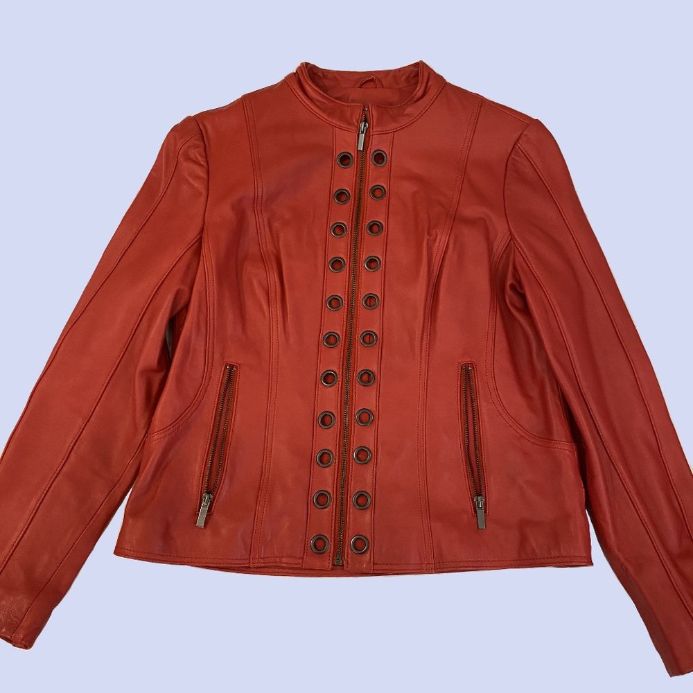 Neiman Marcus red leather jacket with grommets